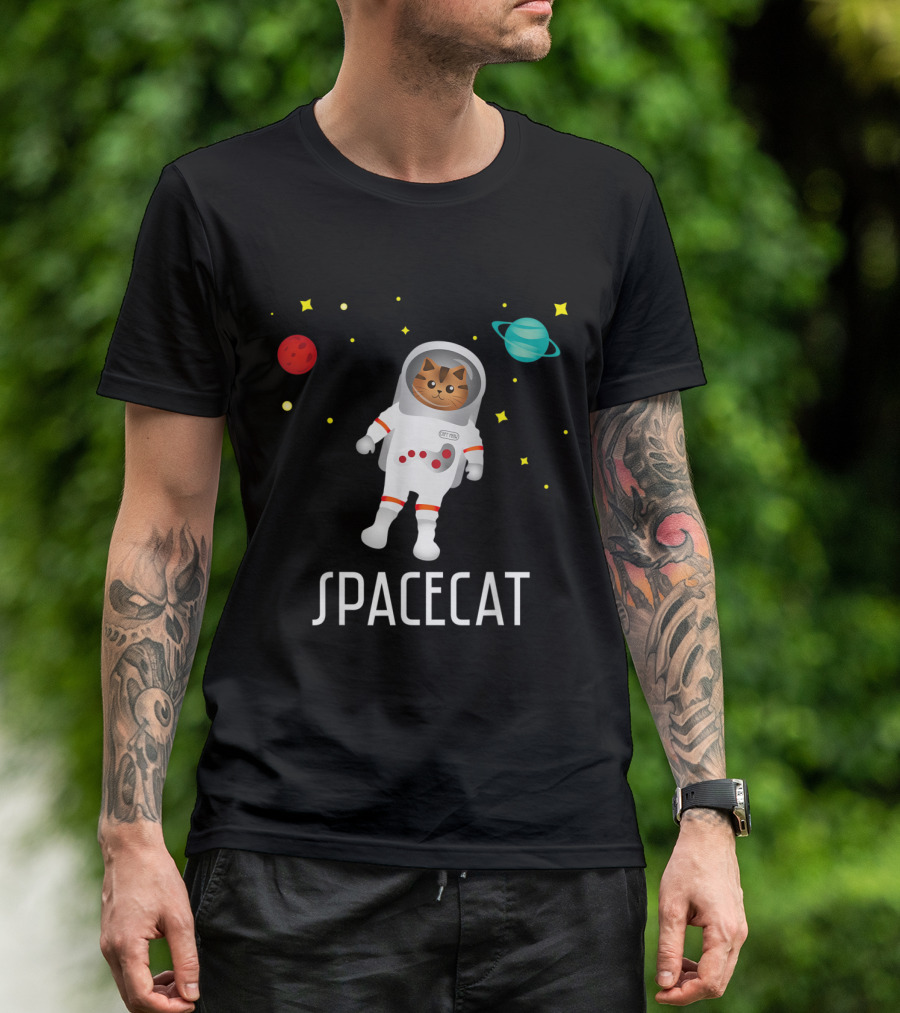 Spacecat Astronaut With Planets And Stars In Universe T-Shirt