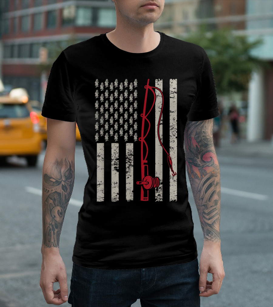 Patriotic USA Flag with Bass Fishing Rod and Fish Icons T-Shirt