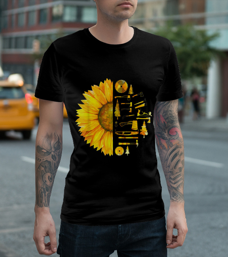Funny Sunflower Half Carpenter Tools Woodworking Humor T-Shirt