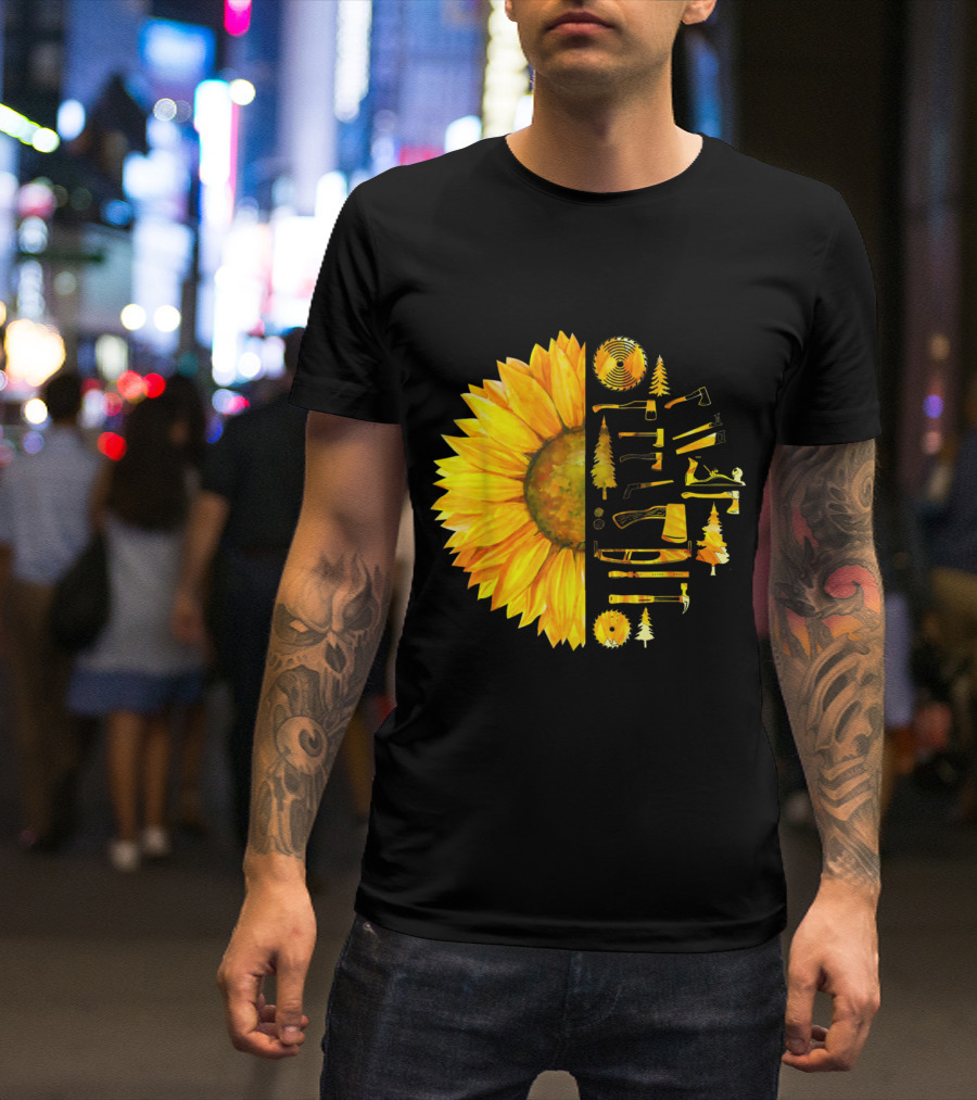 Funny Sunflower Half Carpenter Tools Woodworking Humor T-Shirt