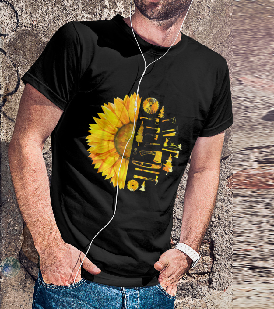 Funny Sunflower Half Carpenter Tools Woodworking Humor T-Shirt