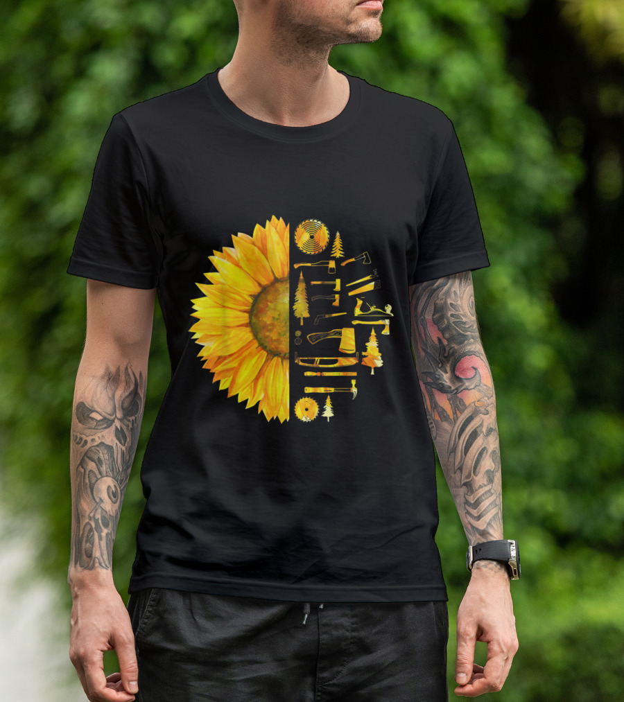 Funny Sunflower Half Carpenter Tools Woodworking Humor T-Shirt