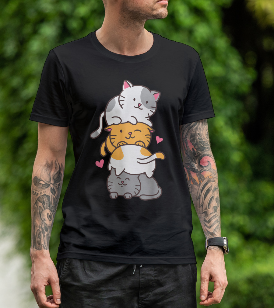 Cute Kitty Pile With Hearts Cat Cats Meowtain T-Shirt
