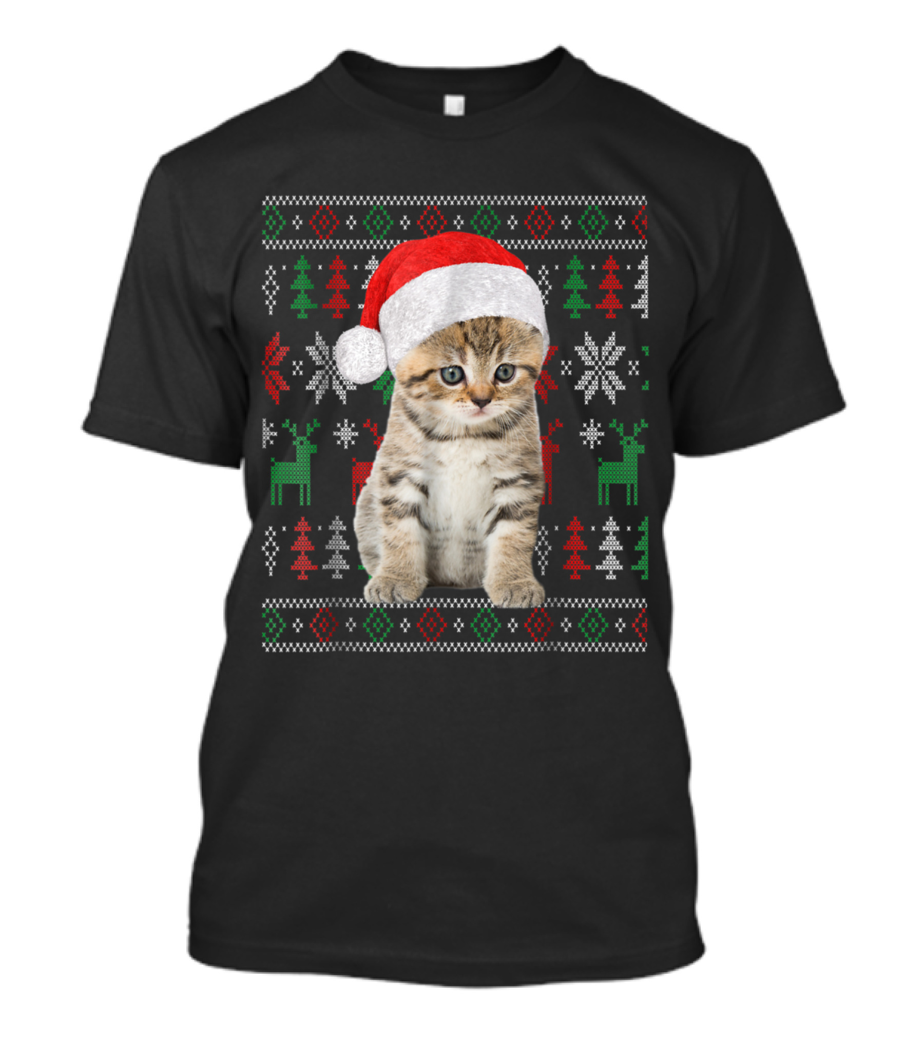 Christmas Cat In Santa Hat Ugly Sweater Pattern Holiday Kitten T-Shirt