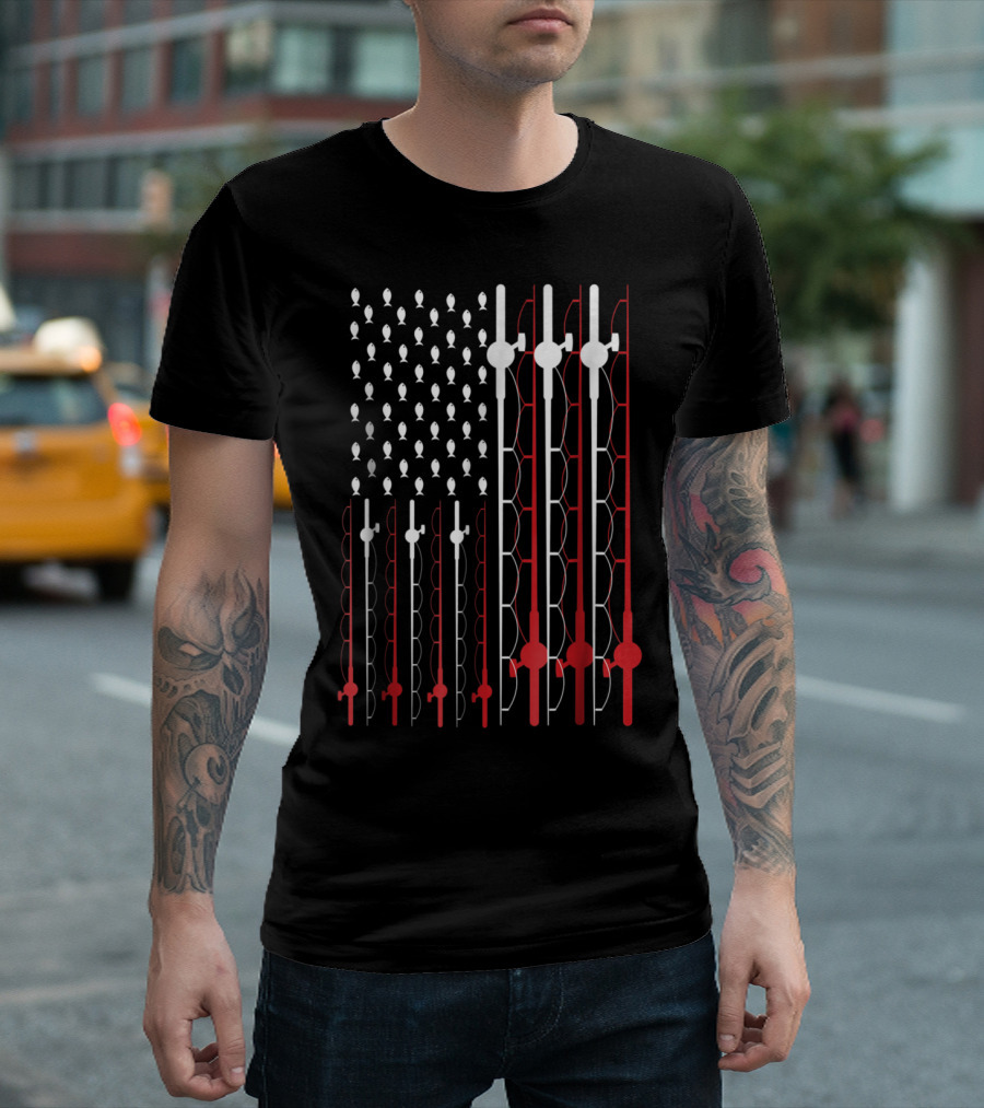 Fishing Rods and Hooks American Flag Design - Funny US Patriotic Fish T-Shirt