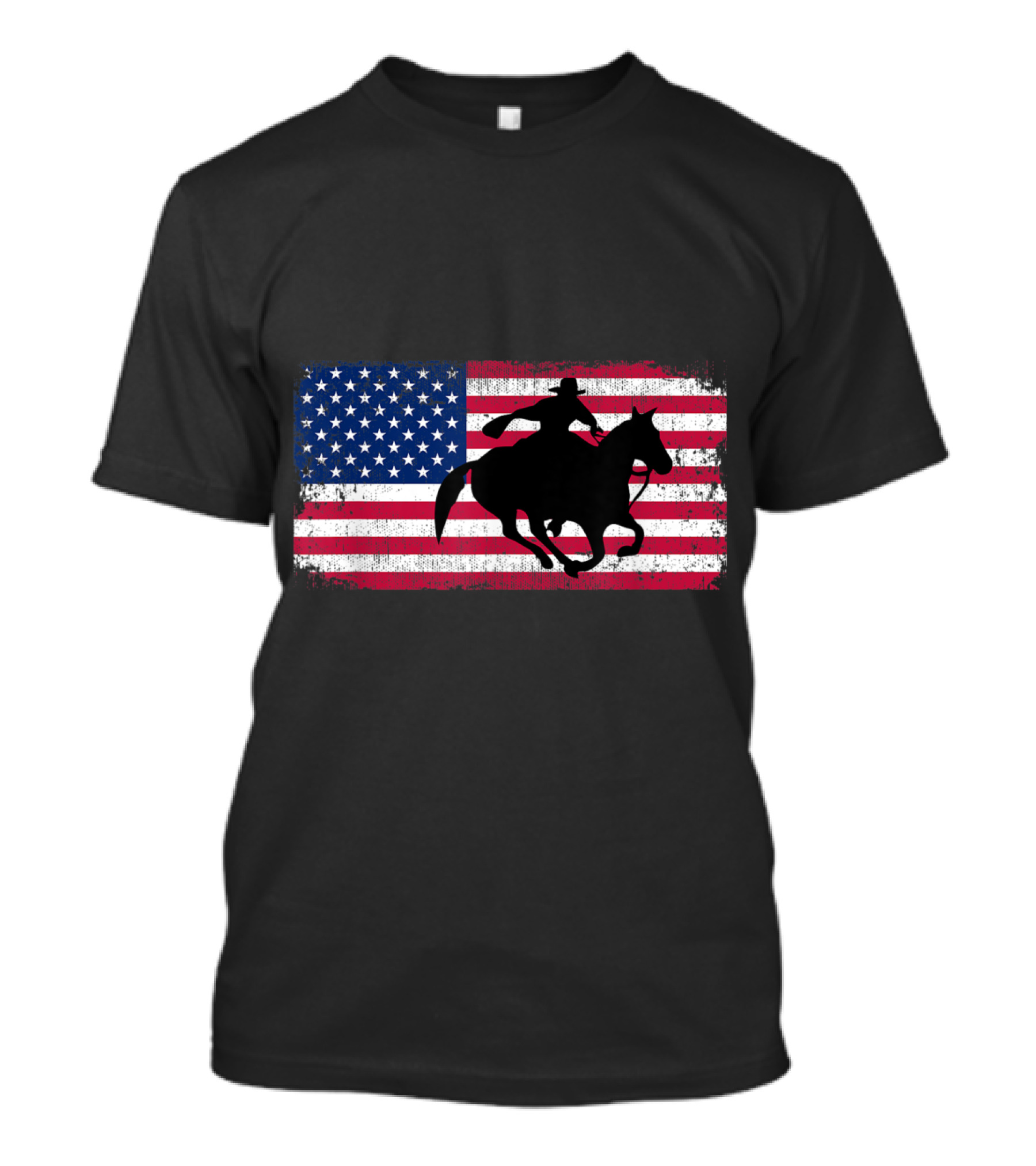 Barrel Racing Galloping Horse Silhouette On American Flag T-Shirt