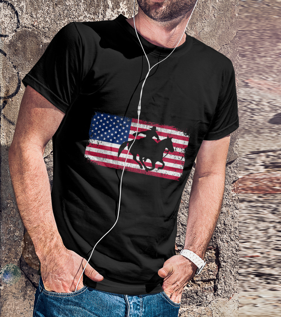 Barrel Racing Galloping Horse Silhouette On American Flag T-Shirt