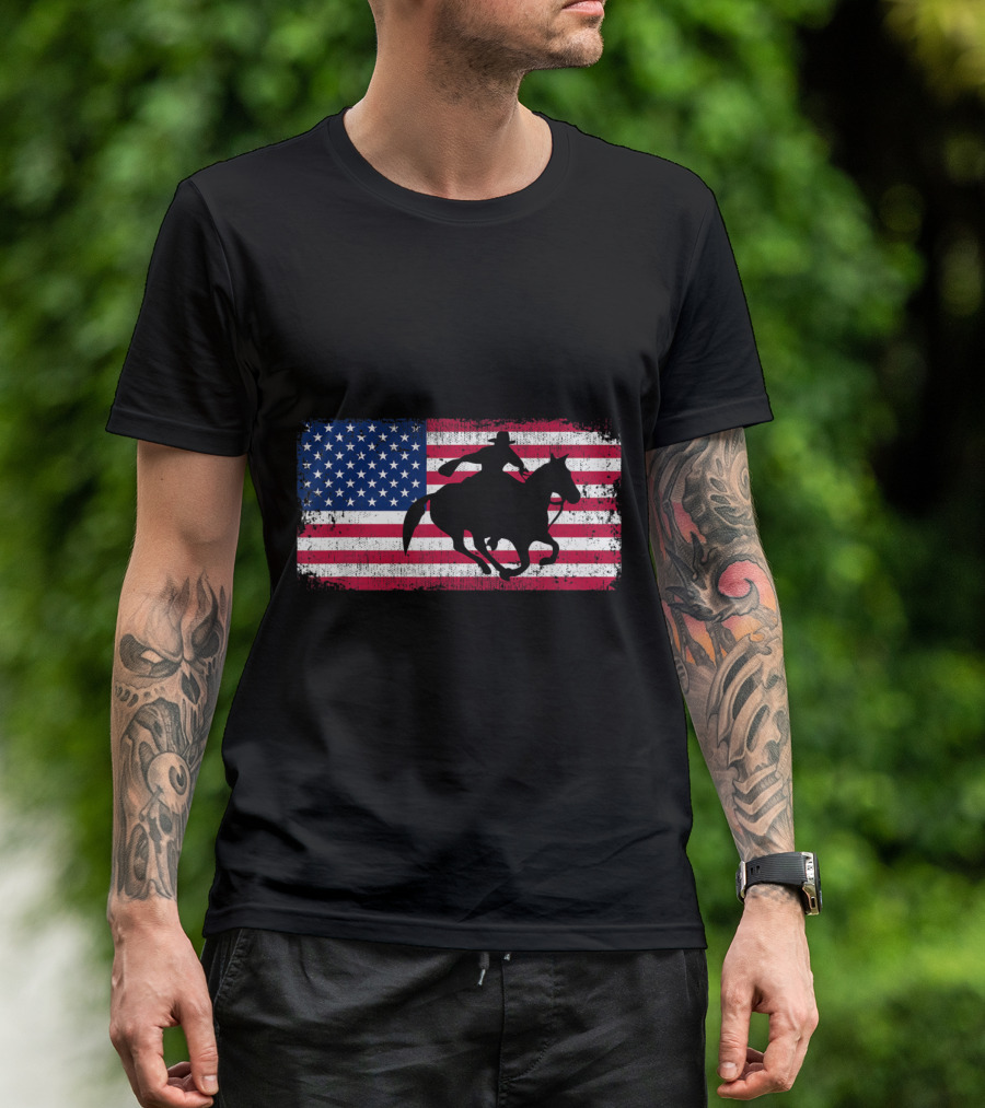 Barrel Racing Galloping Horse Silhouette On American Flag T-Shirt