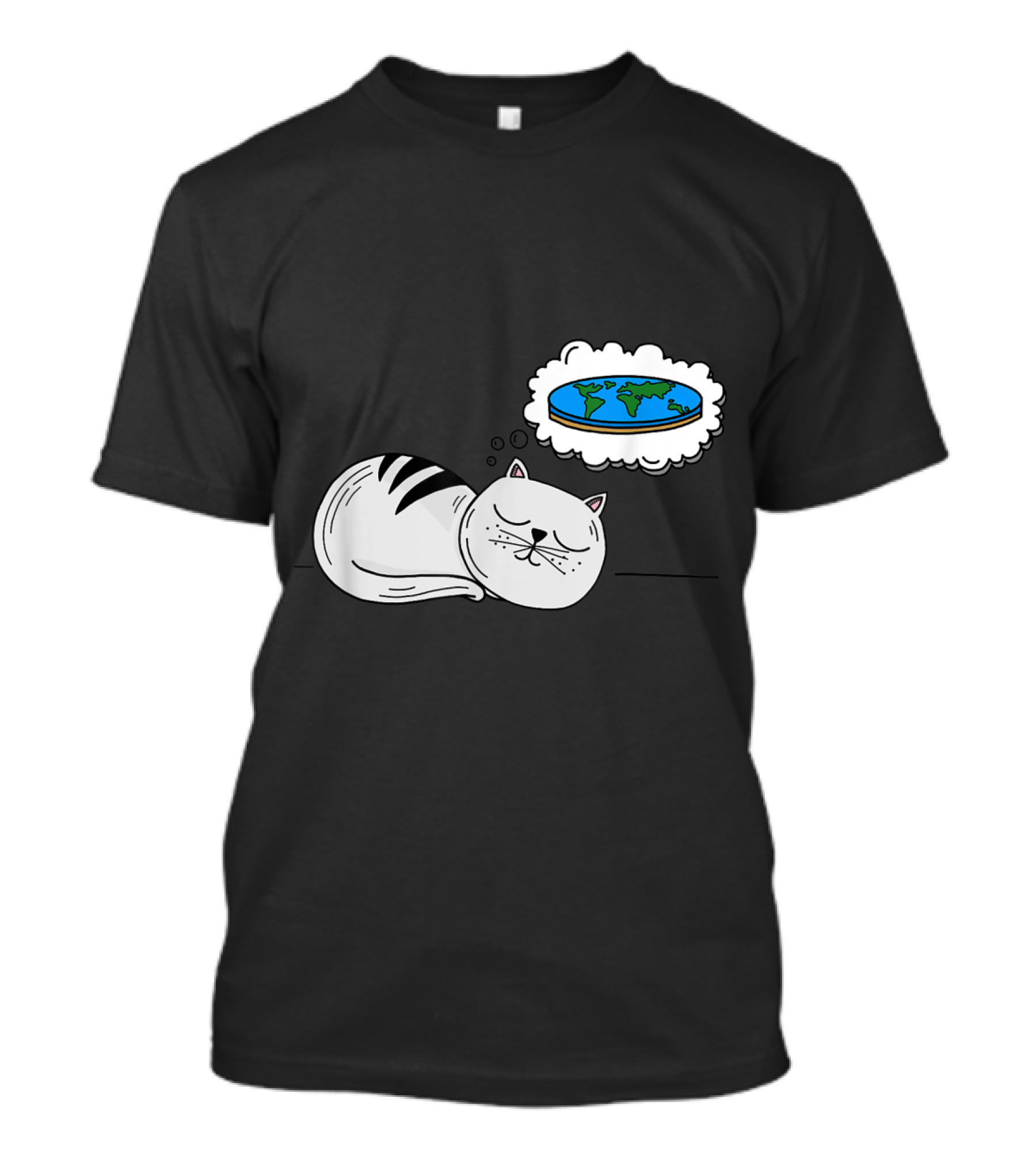 Sleeping Cat Dreaming Of Flat Earth Map Paws Conspiracy Humor T-Shirt