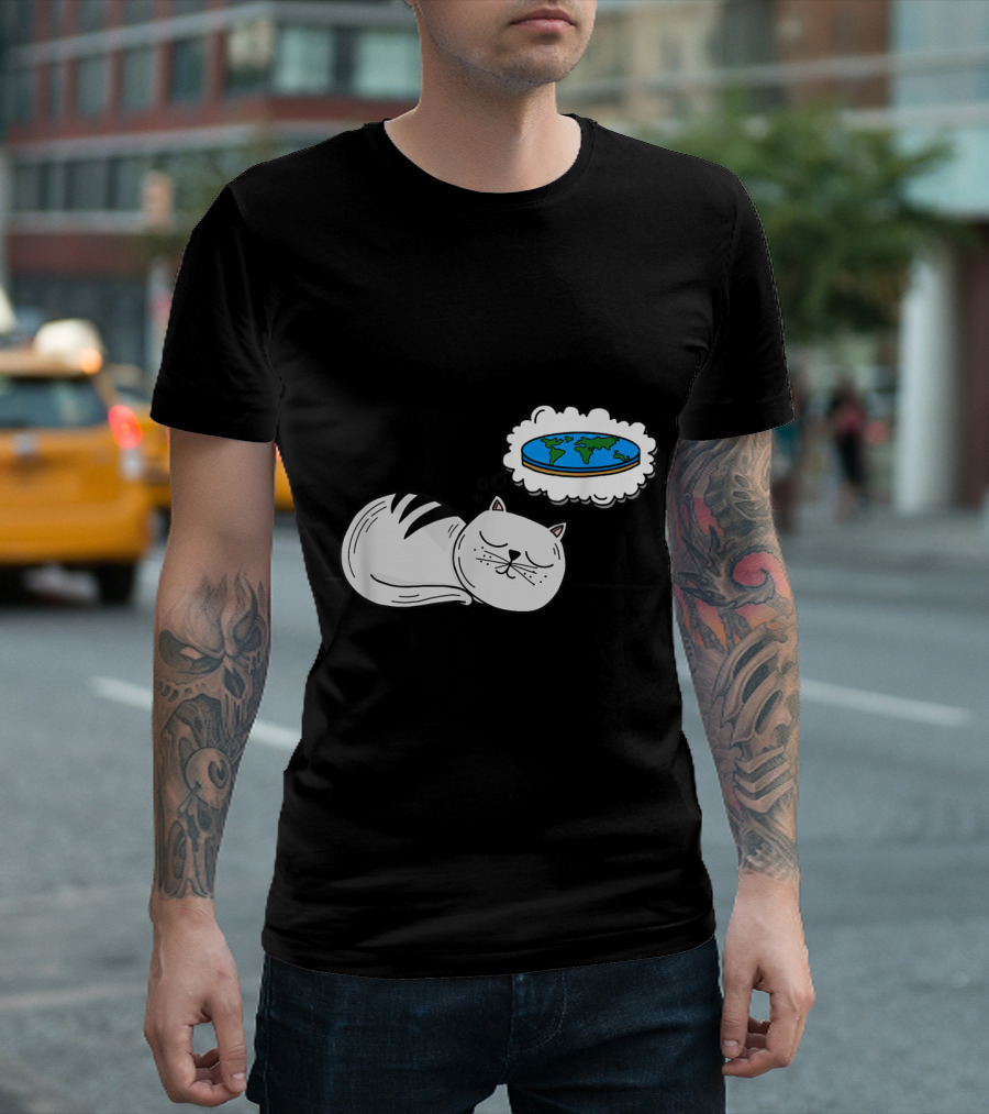 Sleeping Cat Dreaming Of Flat Earth Map Paws Conspiracy Humor T-Shirt
