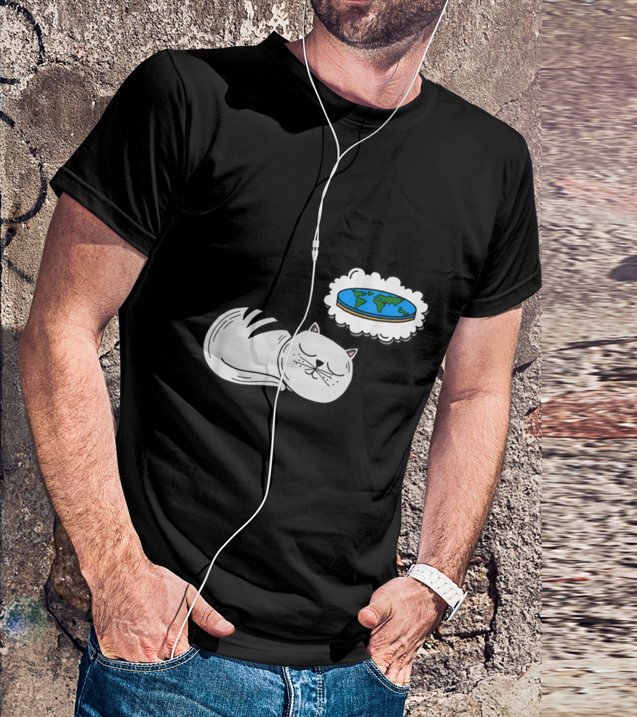 Sleeping Cat Dreaming Of Flat Earth Map Paws Conspiracy Humor T-Shirt
