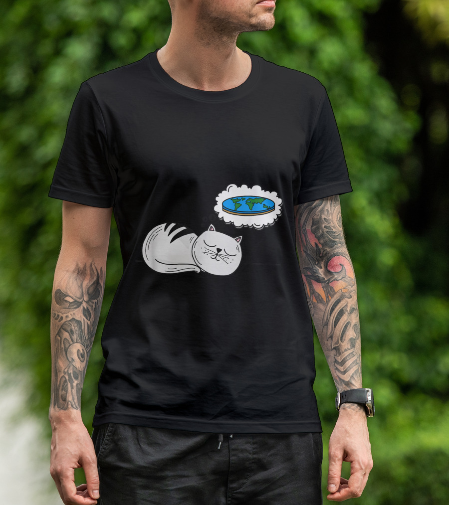 Sleeping Cat Dreaming Of Flat Earth Map Paws Conspiracy Humor T-Shirt