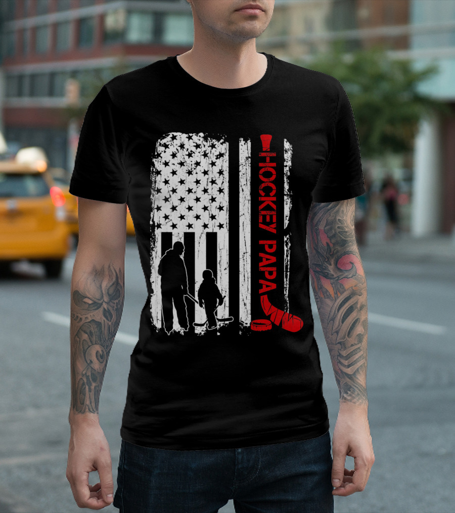 Patriotic Hockey Papa American Flag Silhouette with Stick and Puck T-Shirt