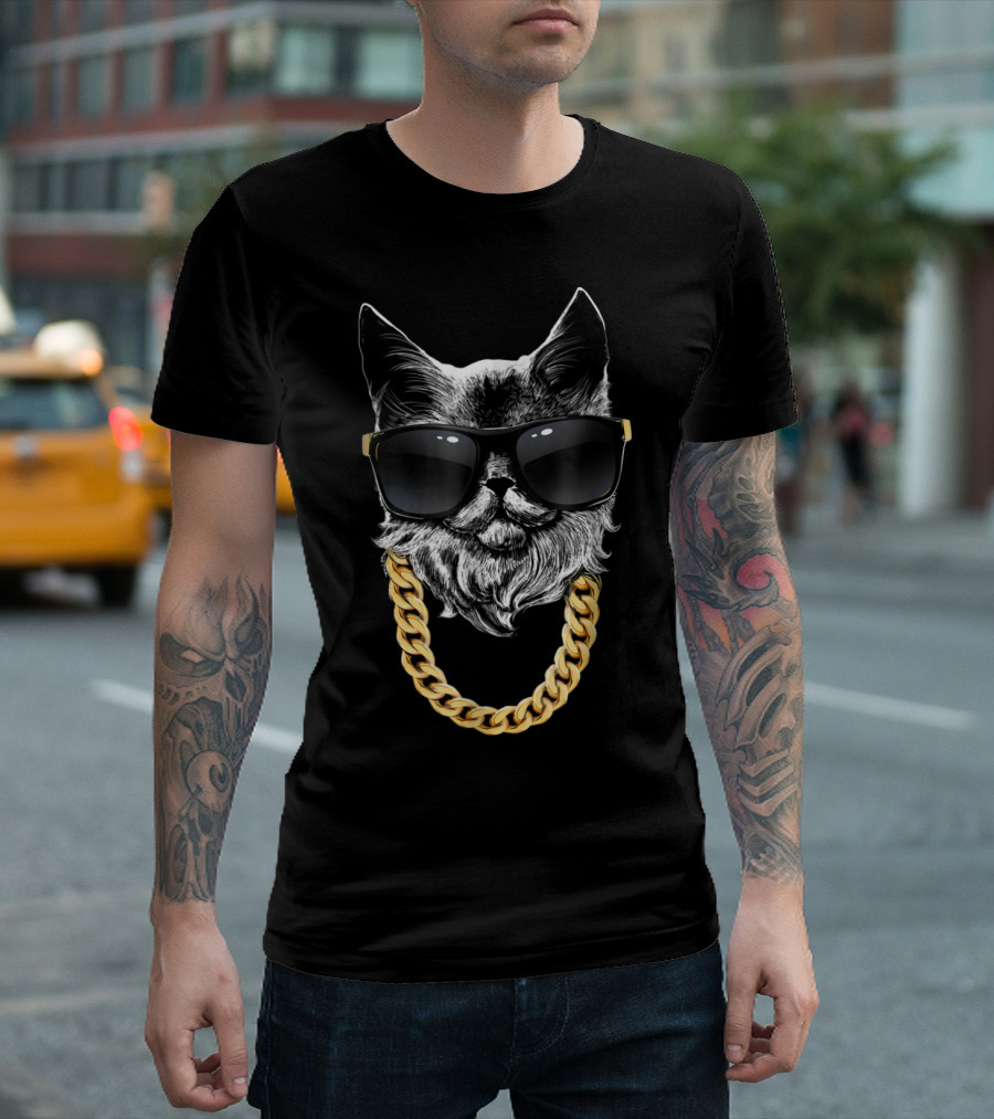 Gangsta Cat with Sunglasses and Gold Chain T-Shirt