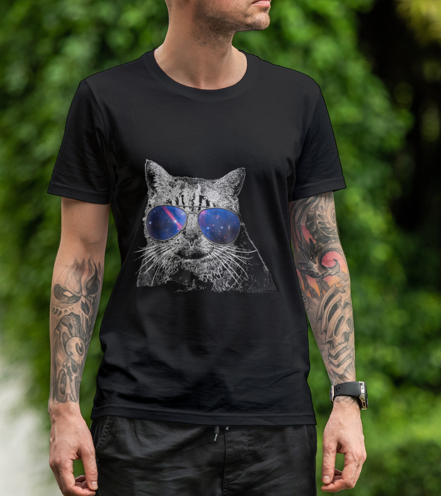 Cool Cat With Galaxy Sunglasses And Cosmic Reflection T-Shirt