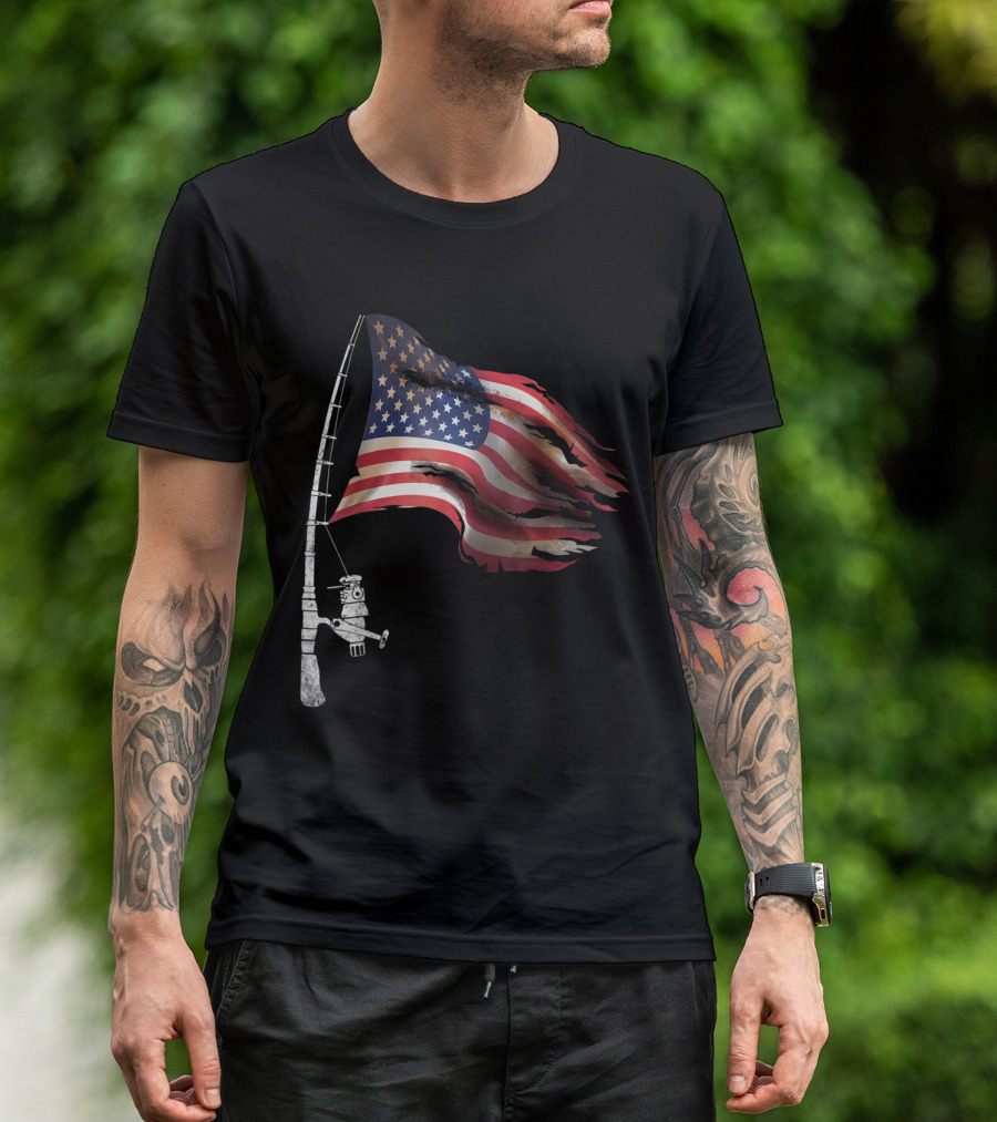 4th Of July Fishing Pole With American Flag As Fish In Patriotic T-Shirt