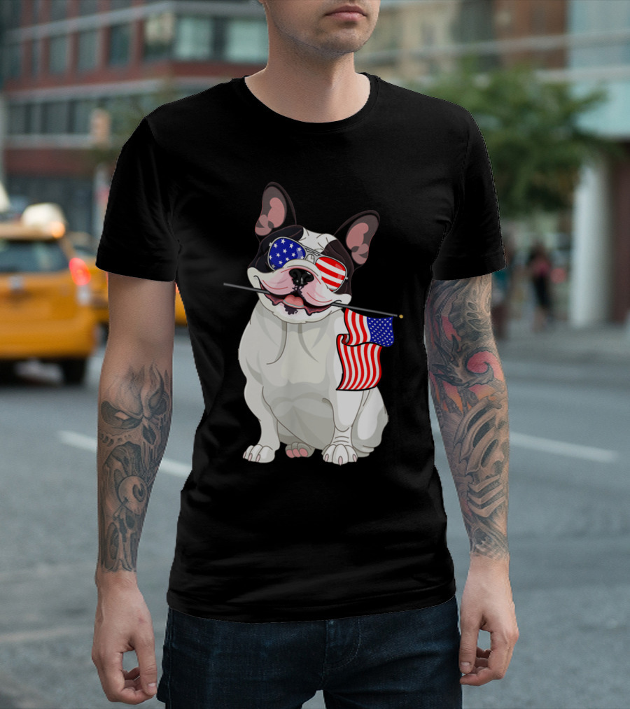 French Bulldog with American Flag Sunglasses and Flag Patriotic 4th of July T-Shirt