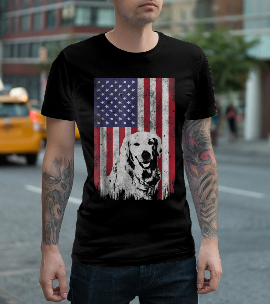 Golden Retriever With American Flag Patriotic 4th Of July T-Shirt