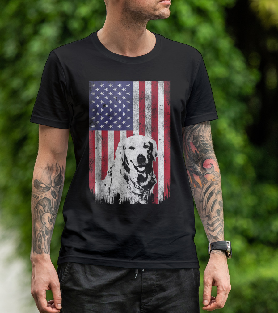 Golden Retriever With American Flag Patriotic 4th Of July T-Shirt
