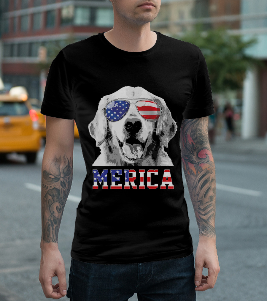 Golden Retriever Dog Wearing American Flag Sunglasses with Merica for 4th of July T-Shirt