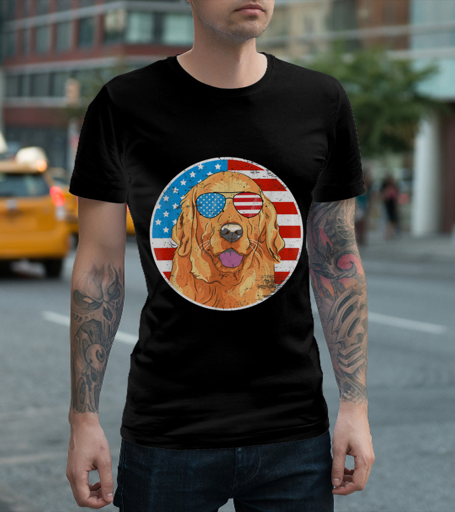 4th Of July Golden Retriever Dog American Flag Sunglasses T-Shirt