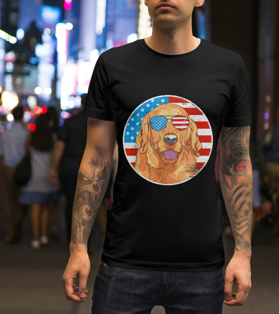 4th Of July Golden Retriever Dog American Flag Sunglasses T-Shirt