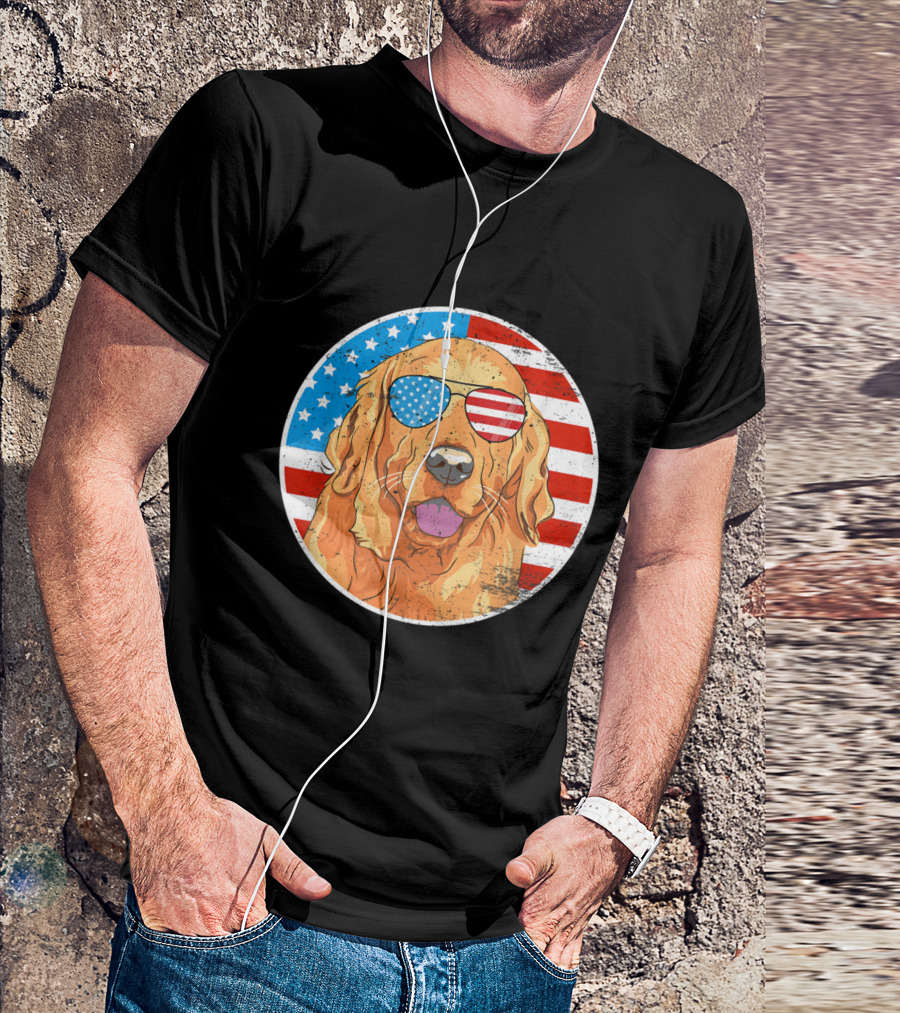 4th Of July Golden Retriever Dog American Flag Sunglasses T-Shirt