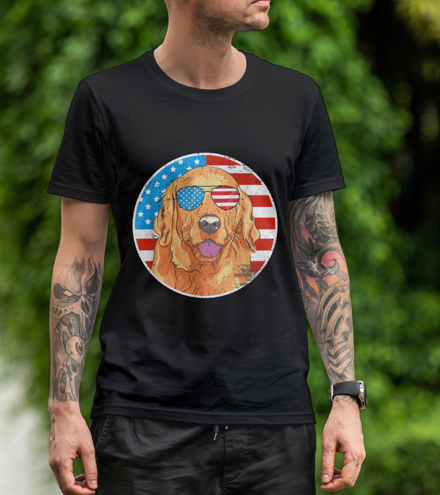 4th Of July Golden Retriever Dog American Flag Sunglasses T-Shirt