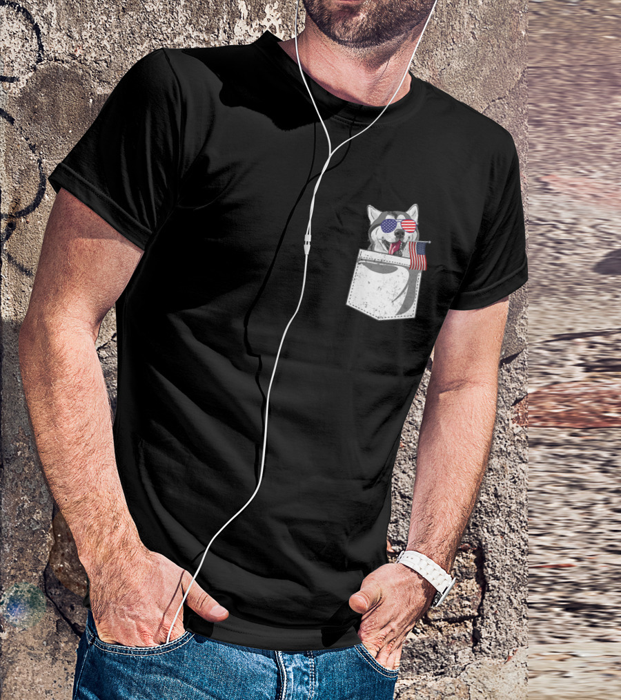 Patriotic Husky In Pocket With USA Flag Sunglasses Fourth Of July T-Shirt