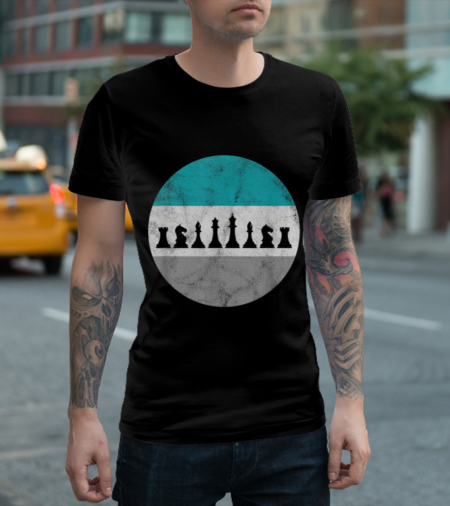 Chess Pieces Silhouette on Distressed Circle Background T-Shirt