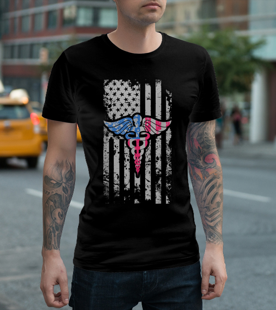 Patriotic 4th of July Nursing American Flag Caduceus T-Shirt