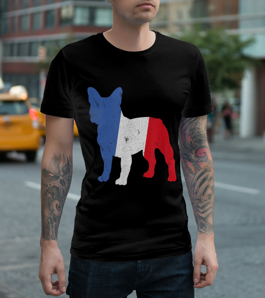 French Bulldog Silhouette in French Tricolor Flag T-Shirt