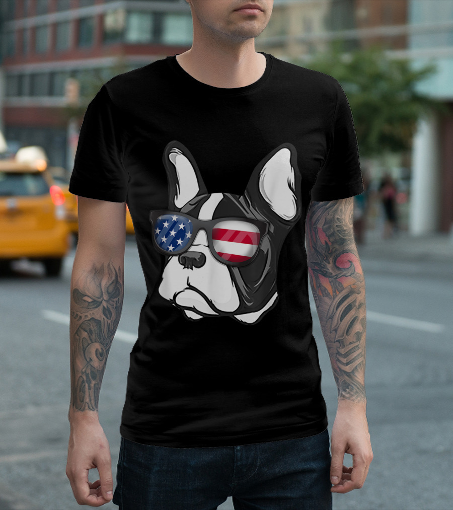 Patriotic French Bulldog with American Flag Sunglasses for July Fourth T-Shirt