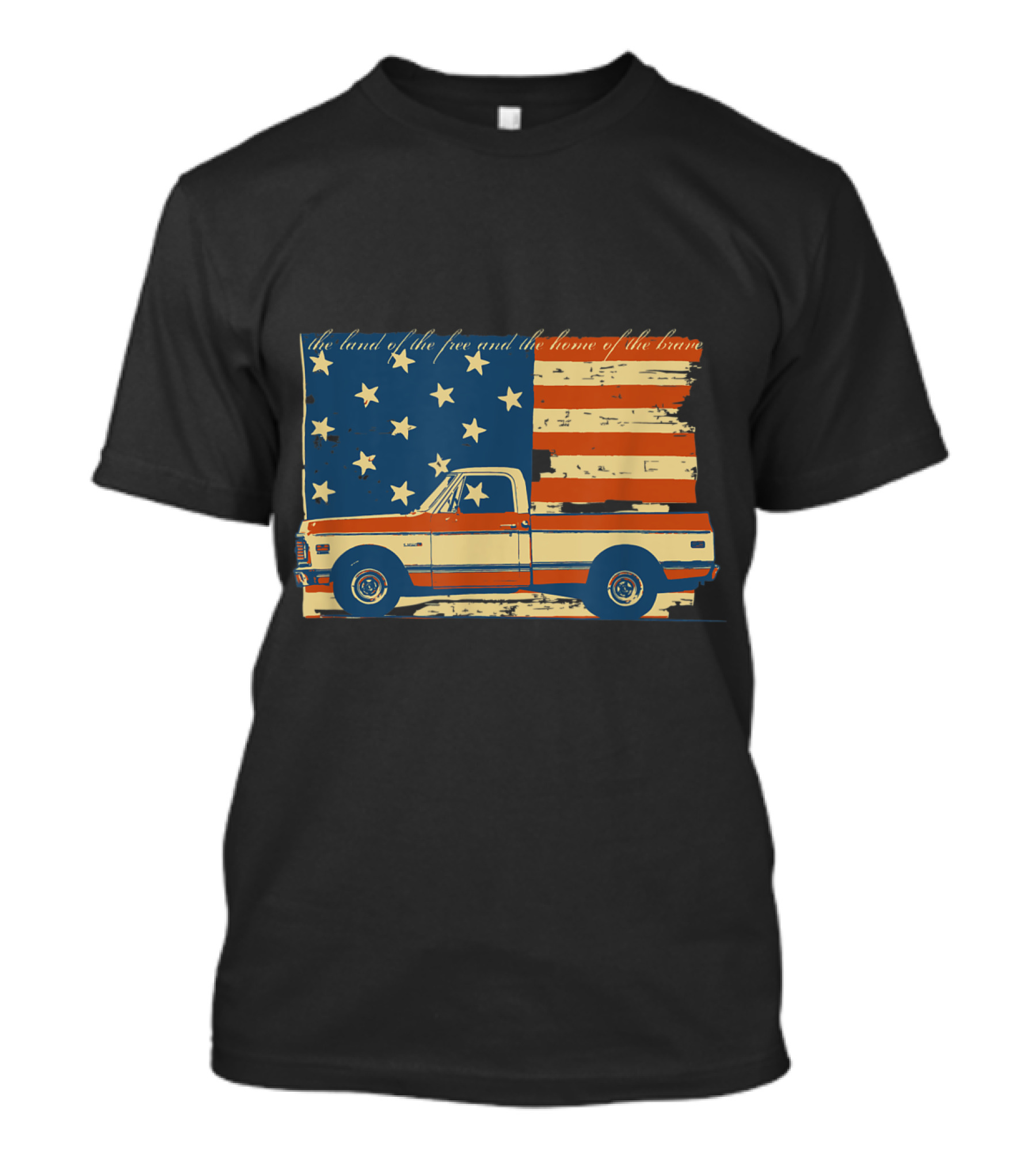 Vintage 4th Of July Patriotic Classic Pickup Truck With American Flag And Land Of The Free And Home Of The Brave Banner T-Shirt