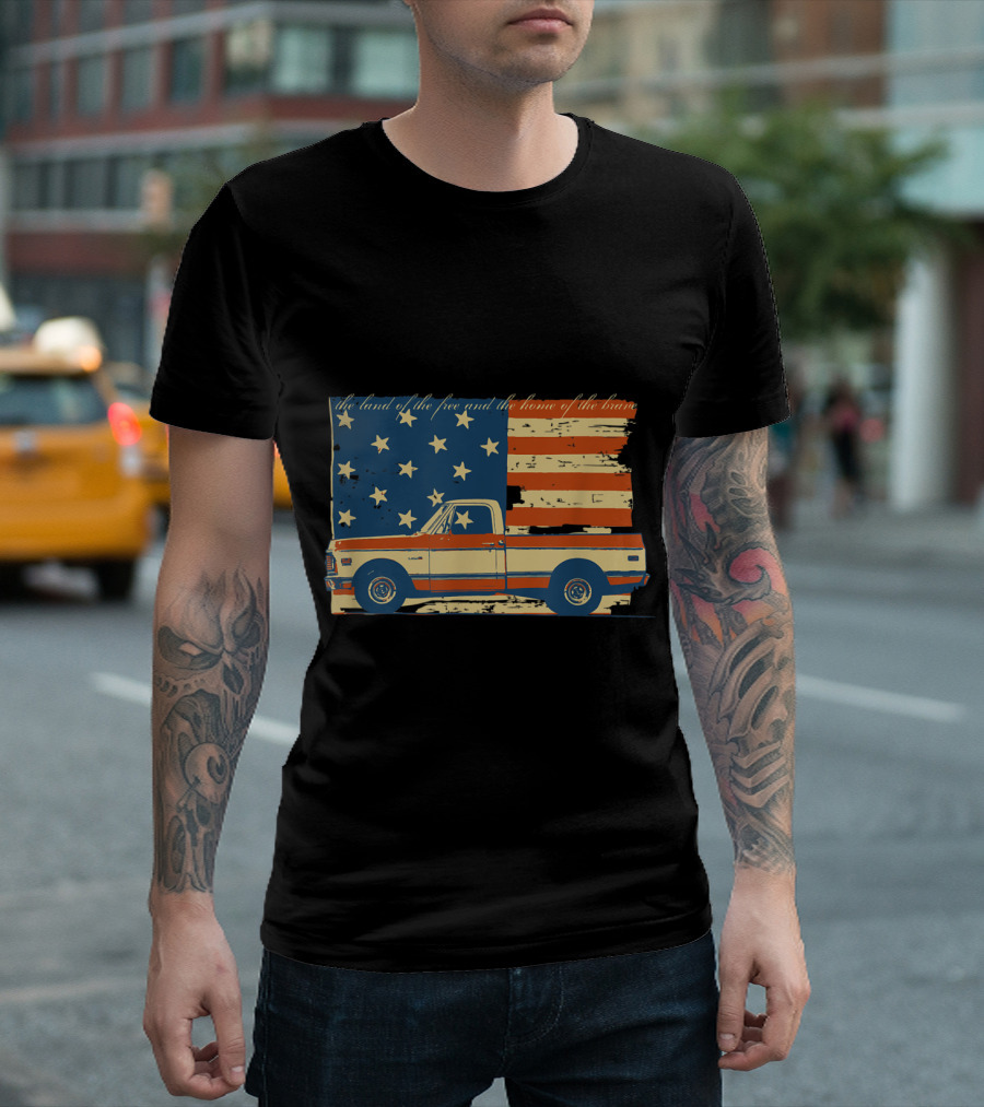 Vintage 4th Of July Patriotic Classic Pickup Truck With American Flag And Land Of The Free And Home Of The Brave Banner T-Shirt