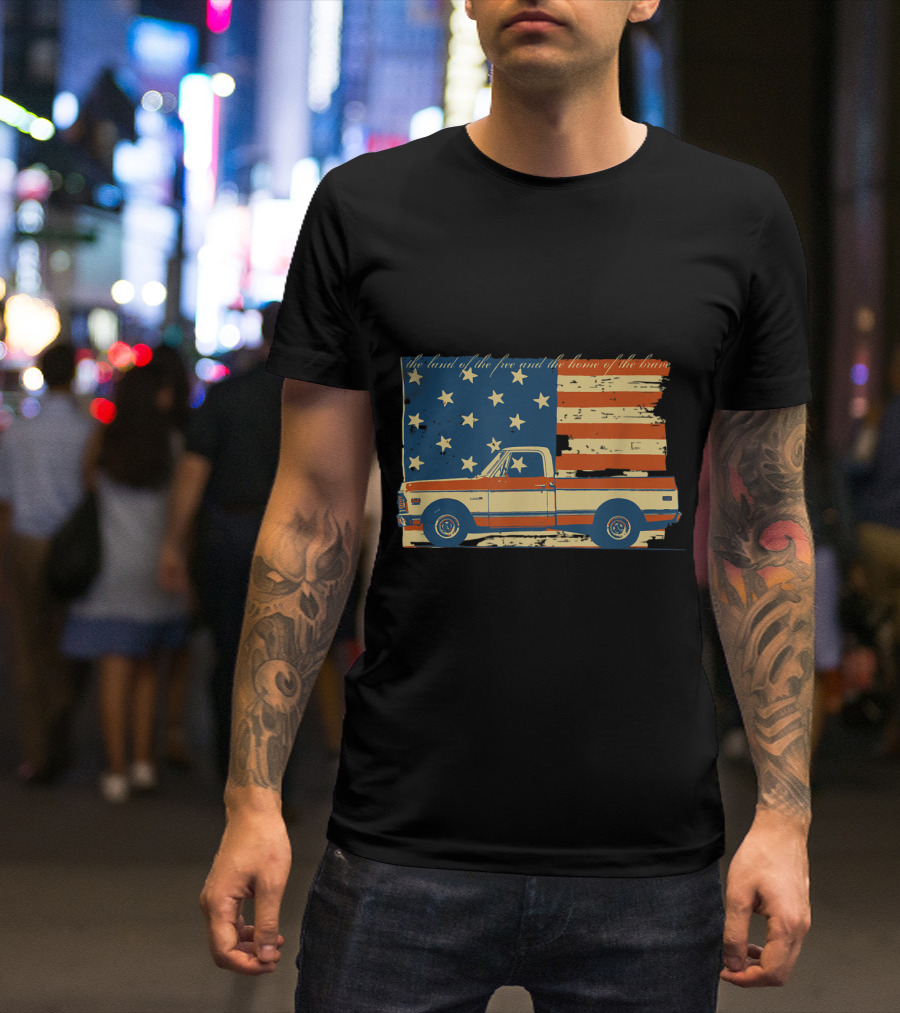 Vintage 4th Of July Patriotic Classic Pickup Truck With American Flag And Land Of The Free And Home Of The Brave Banner T-Shirt