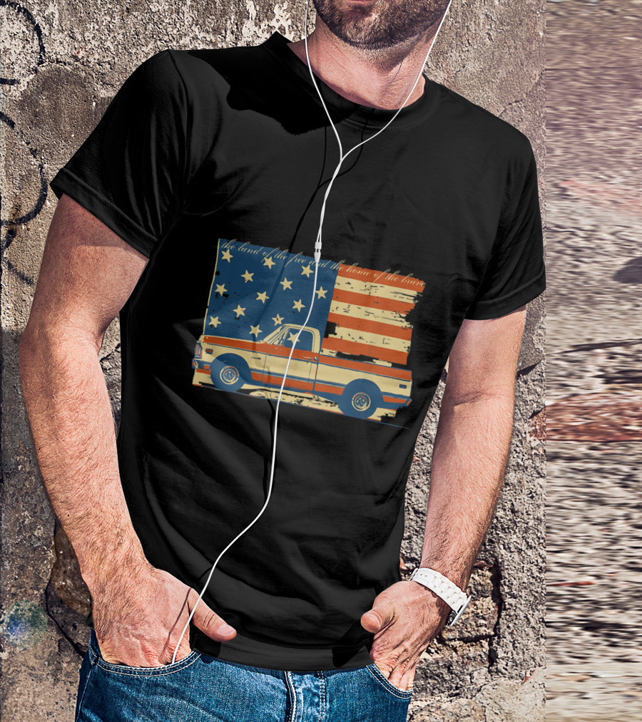 Vintage 4th Of July Patriotic Classic Pickup Truck With American Flag And Land Of The Free And Home Of The Brave Banner T-Shirt