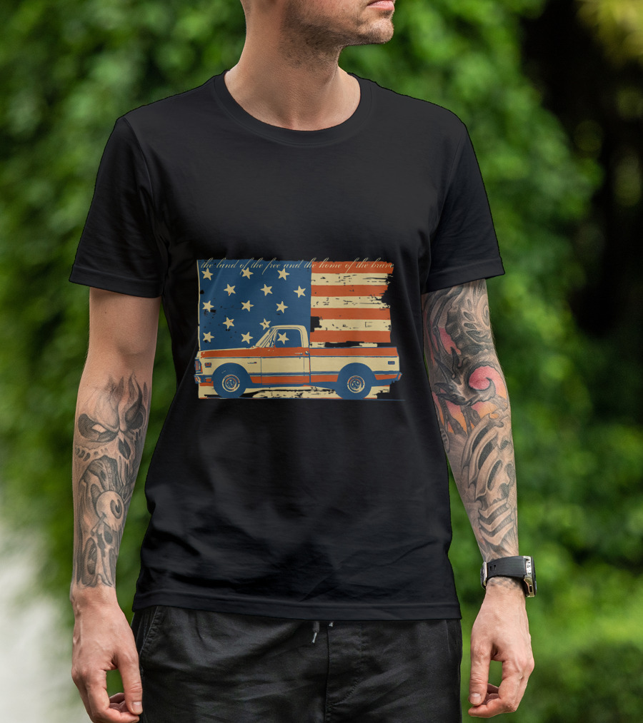 Vintage 4th Of July Patriotic Classic Pickup Truck With American Flag And Land Of The Free And Home Of The Brave Banner T-Shirt
