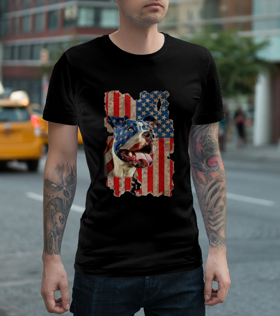 Patriotic 4th of July American Flag Pitbull Dog Lovers T-Shirt