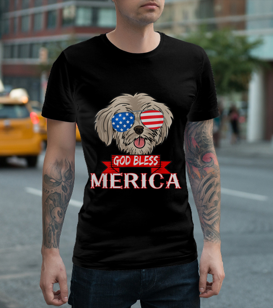 God Bless Merica 4th Of July Shih Tzu Dog With Patriotic Sunglasses T-Shirt