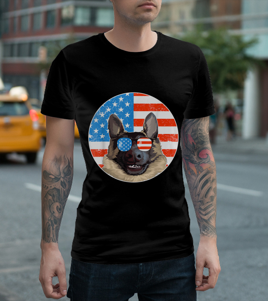German Shepherd Dog with American Flag Sunglasses and Stars and Stripes Background T-Shirt