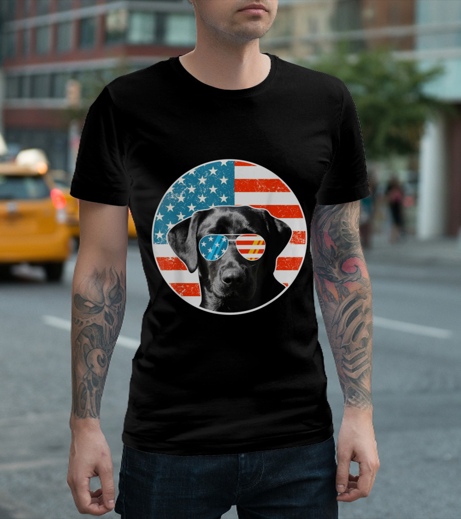 Labrador Retriever with Sunglasses on American Flag Background T-Shirt