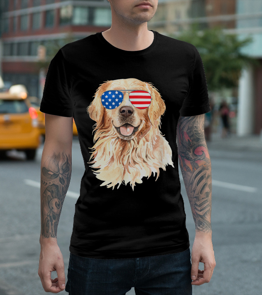 Golden Retriever with American Flag Sunglasses 4th of July Merica Golde T-Shirt