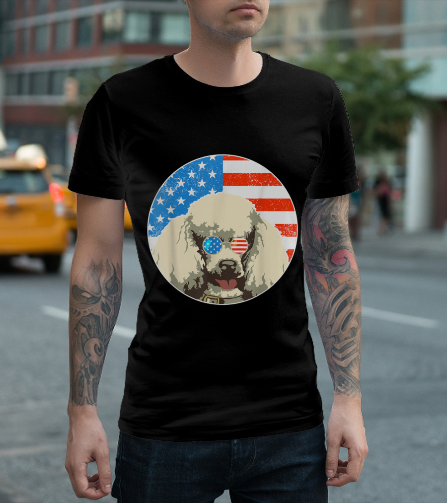 Patriotic Poodle Dog with American Flag Sunglasses T-Shirt