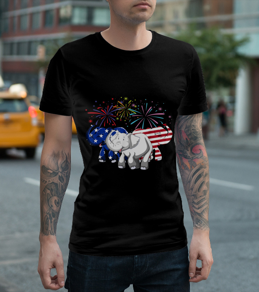 4th of July American Flag Elephant Fireworks T-Shirt