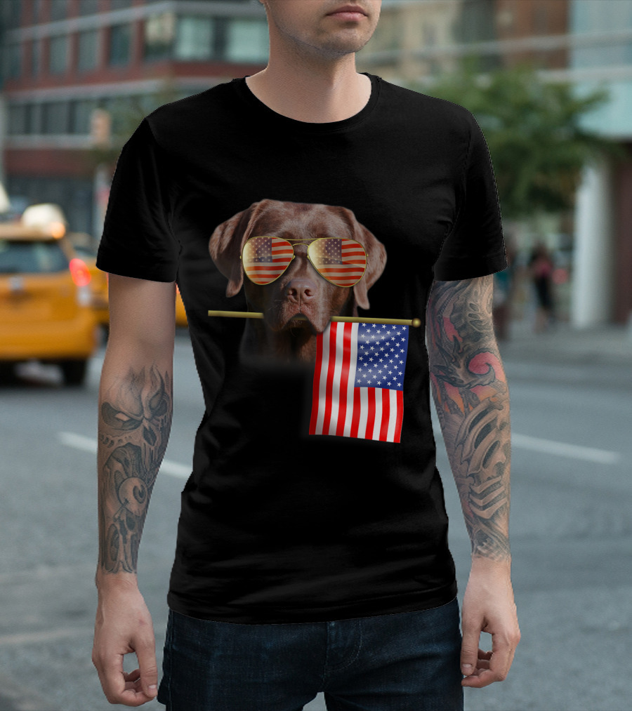 Dog with American Flag Sunglasses Holding Flag for 4th of July Fun T-Shirt