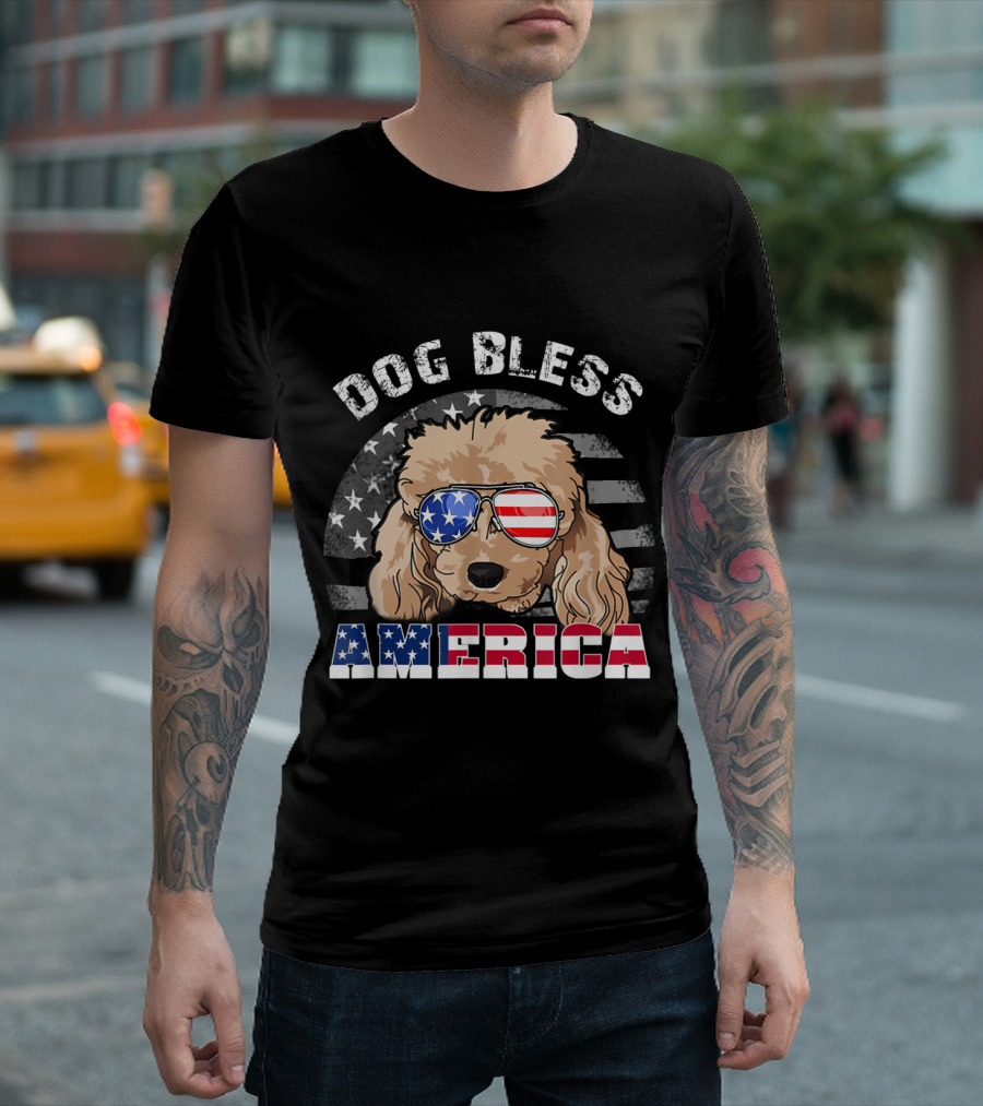 Dog Bless America Poodle with Stars and Stripes Flag Sunglasses T-Shirt