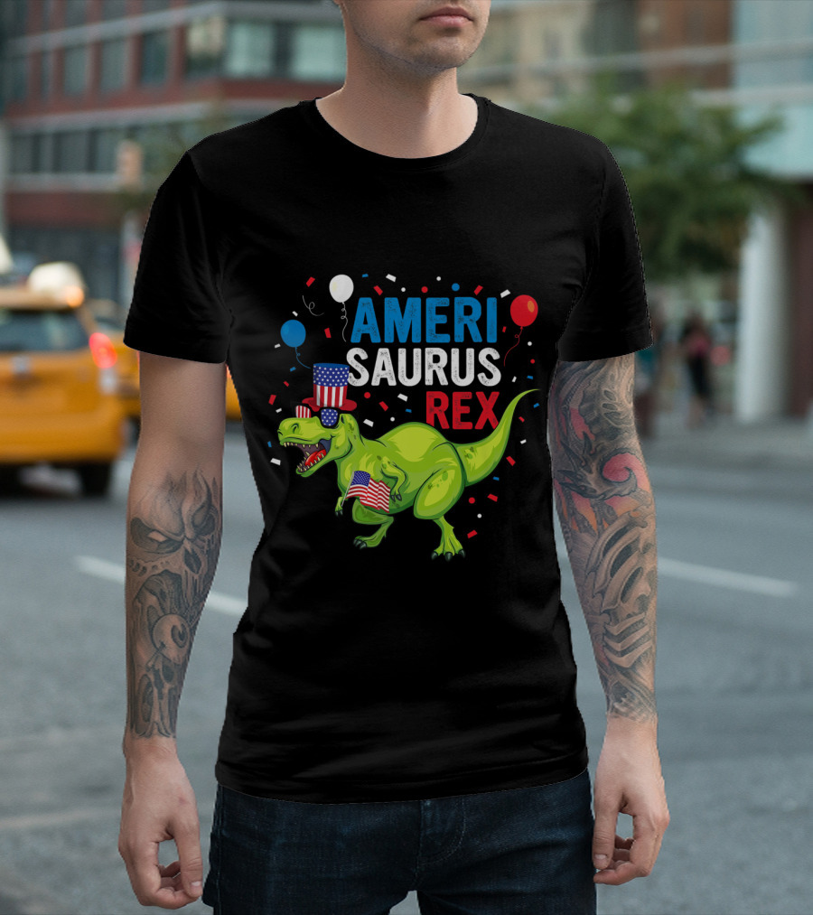 Amerisaurus Rex Dinosaur Patriotic Balloons and Flag Hat 4th of July T-Shirt
