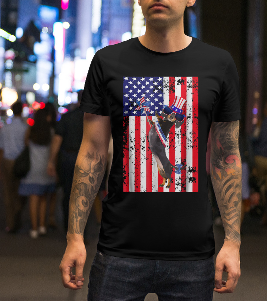 4th Of July Patriotic Dachshund Flag Stars Stripes Hat Sunglasses T-Shirt