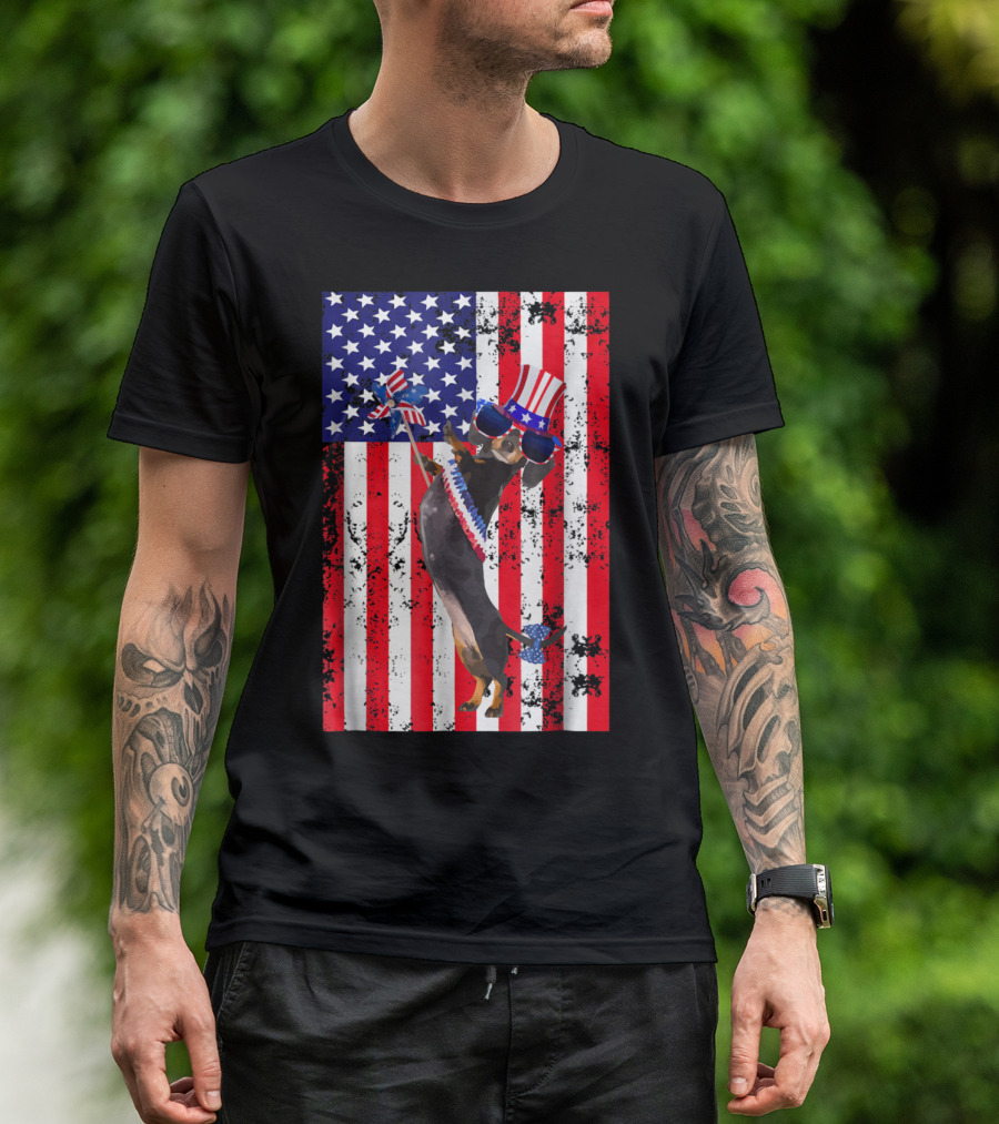 4th Of July Patriotic Dachshund Flag Stars Stripes Hat Sunglasses T-Shirt